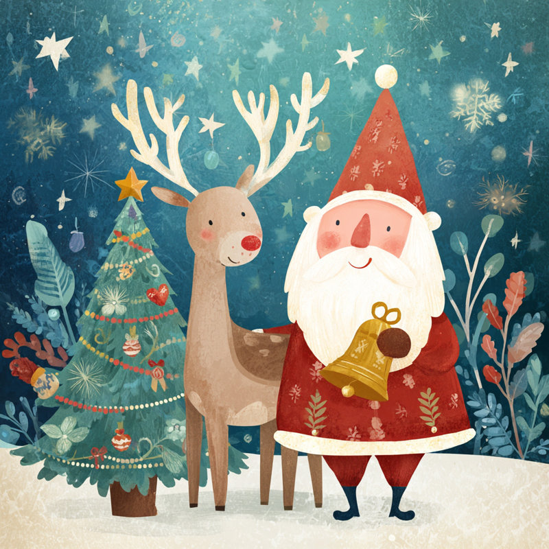 Toile fantaisiste père Noël et renne, H 30 po x l 30 po