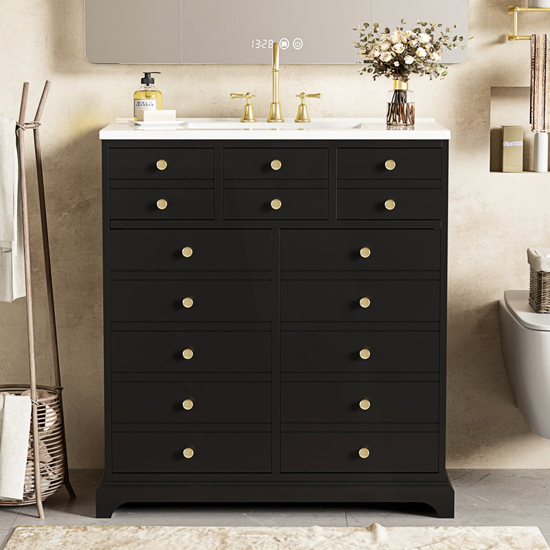 Ensemble de meuble-lavabo avec lavabo en céramique, armoire de rangement pour la salle de bain avec 2 tiroirs et portes à fermeture douce
