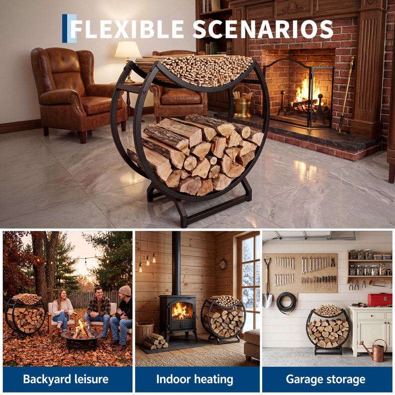 Support à bois de chauffage intérieur ou extérieur, support de rangement pour bûches incurvé de 23,6 po, support en bois compact en fer robuste, capacité de 66 lb