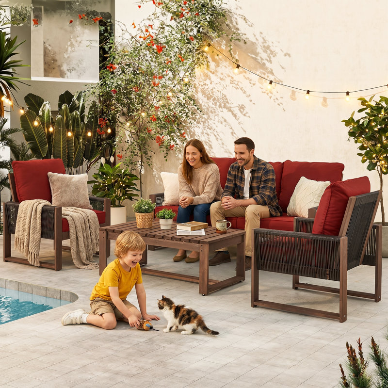 4-Piece 5-Person Solid Wood Outdoor Conversation Set , Red