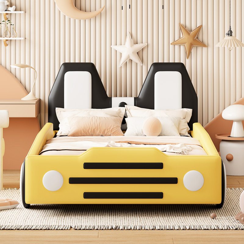 Lit simple en forme de voiture de course avec roues - pour des années d'utilisation, Jaune