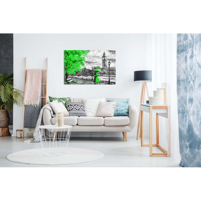London Oil Painting Artwork Reproduction Big Ben - Wrapped Canvas Print, 31cm H x 46cm W, Green
