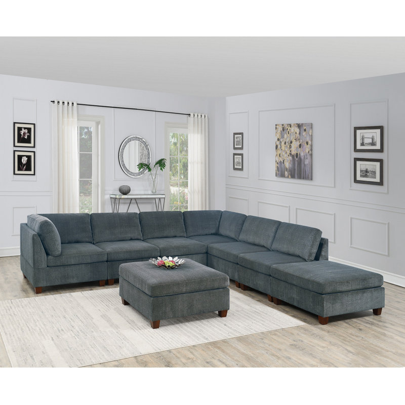 Gray Chenille Fabric Modular Sectional Sofa with Ottoman