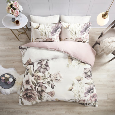 Housse de couette en coton double / grand imprimé, style Shabby Chic, motif floral, 1 et 2 taies décoratives, fermeture à boutons, attaches de coin, 3 pièces florales, taille et attaches pour un ajustement stable,