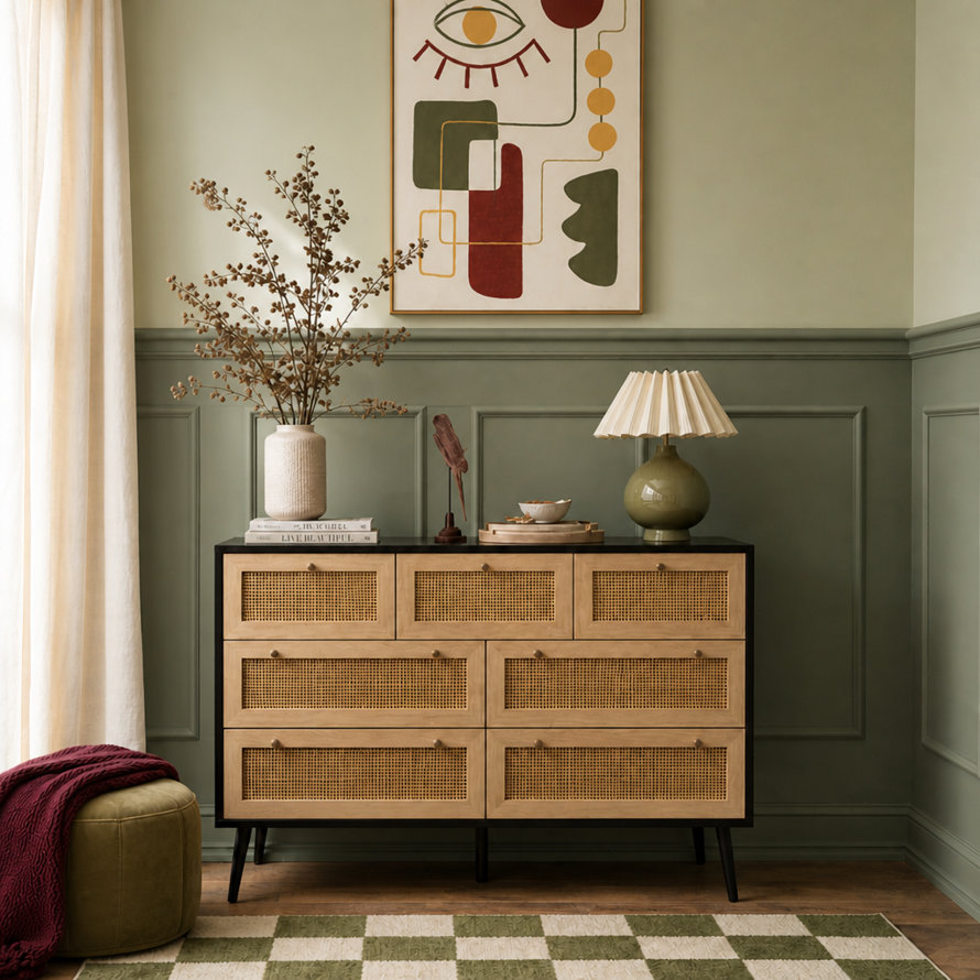 Mid-century modern dresser with cane-panelled drawers, topped with a vase of dried branches, a decorative bird figure, and a pleated lamp against a sage green panelled wall with abstract wall art.