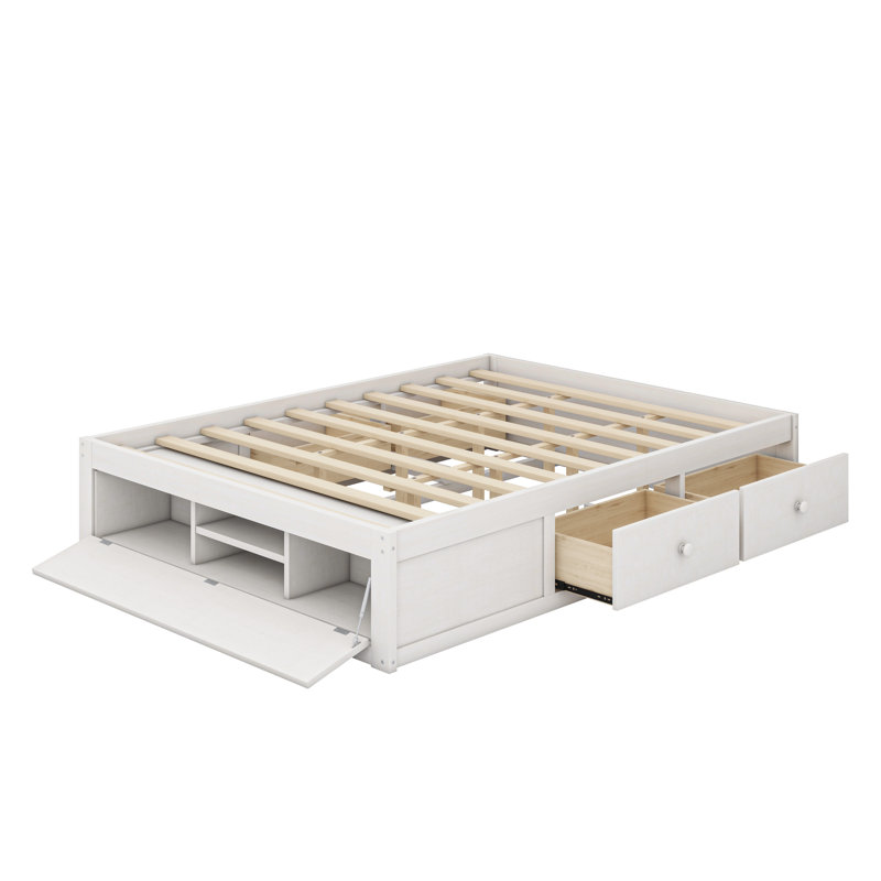 Base de lit peu encombrante avec deux solutions de rangement: relevage hydraulique et tiroirs coulissants, Antique White