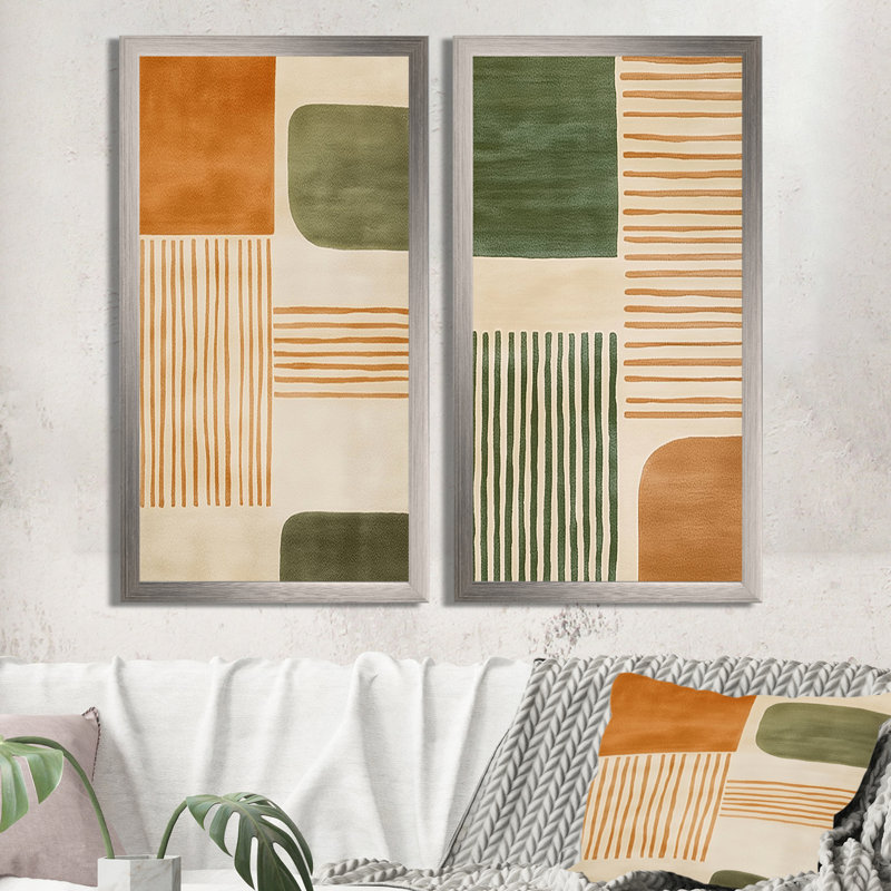 Orange, vert, éthéré, courants optiques - Impressions encadrées modernes 2 pièces, H 32 po x l 32 po, Gold Picture Framed