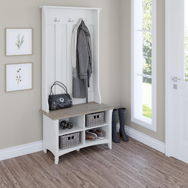 Arbre d'entrée avec banc de rangement pour chaussures en Shiplap gris et blanc pur, organisateur de maison polyvalent, solution de hall d'entrée avec sièges et crochets