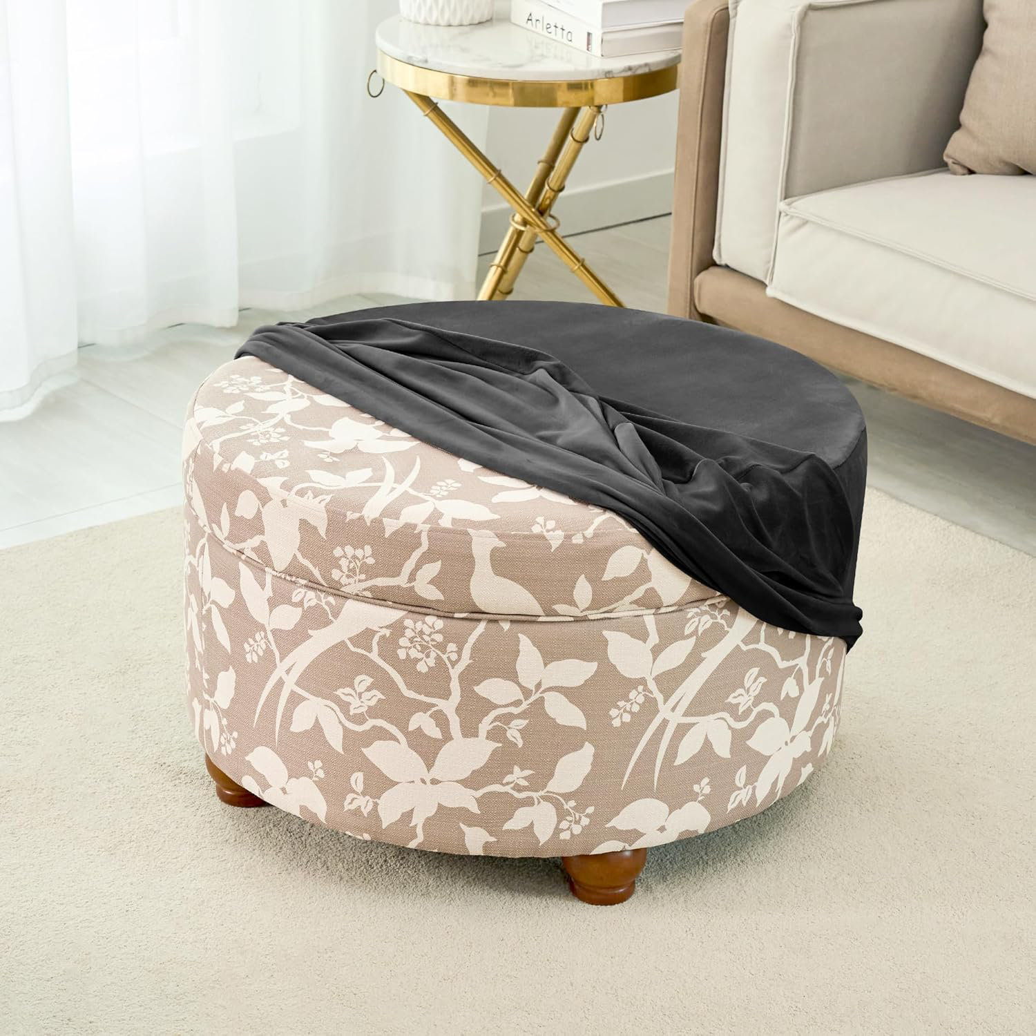 Mercer41 Tretch Velvet Round Ottoman Cover Thick Round Ottoman Slipcover Washable Storage ...