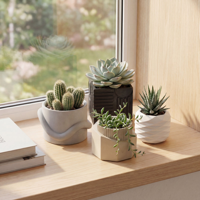 Ensemble de vases géométriques en béton faits à la main avec trous de drainage Romy, Mat neutre mélangé