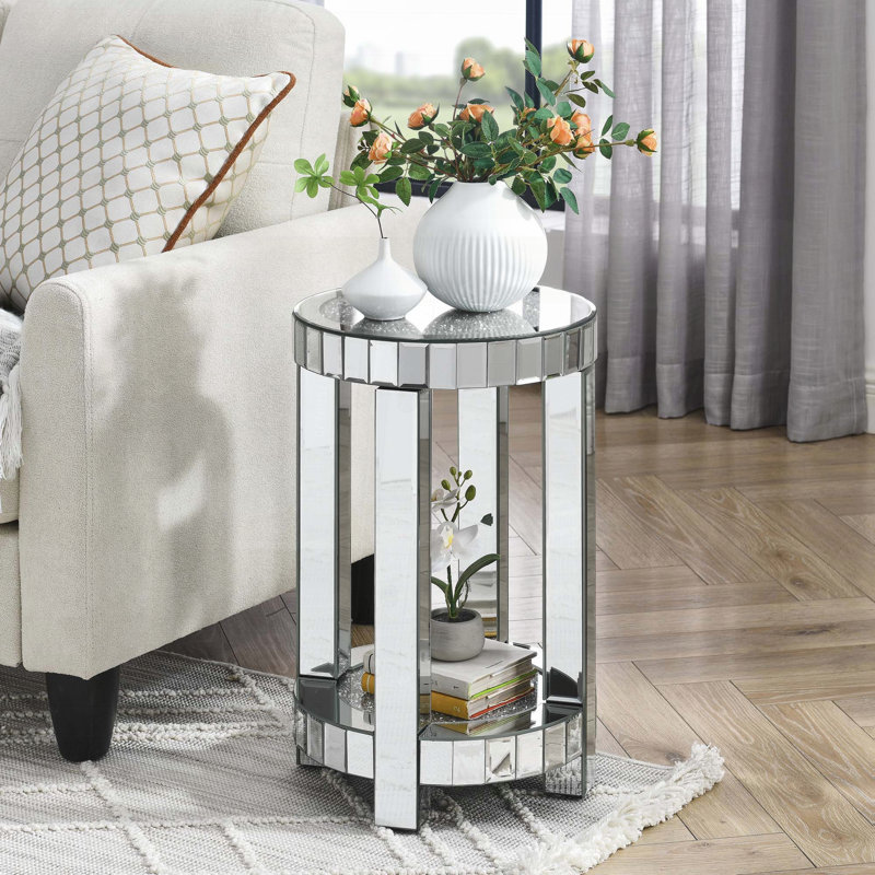 Table d'appoint ronde à miroir avec incrustation de cristal et 2 couches