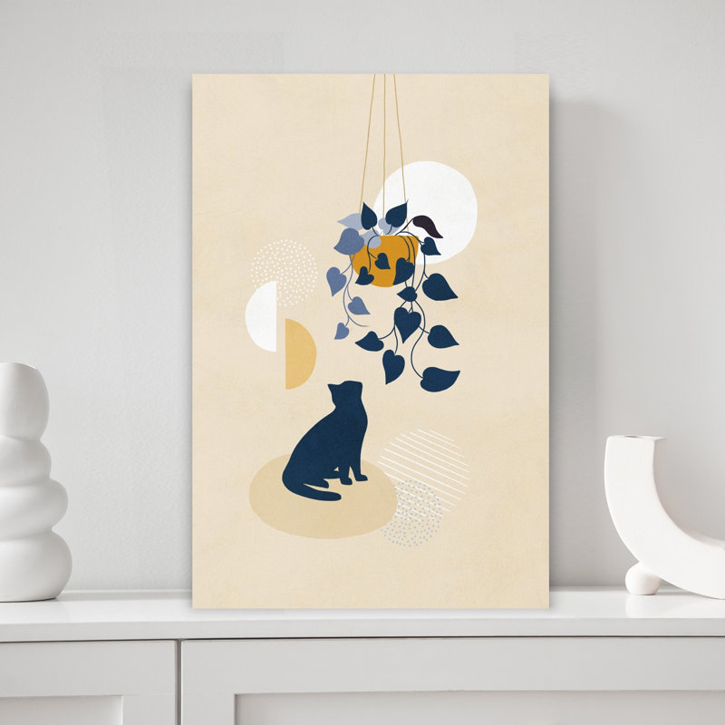 Curious Cat Under Plant Abstract Minimalist Modern Cat Nature Plant Wall Art Print by Dominique Vari - Wrapped Canvas Print
