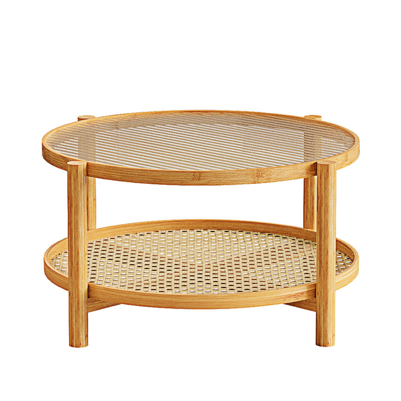 Table basse en rotin avec plateau et tablette en verre