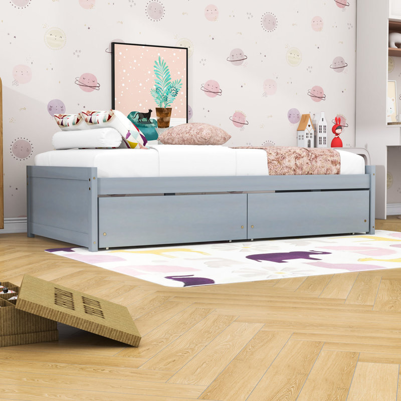 Lit plateforme élégant en bois avec tiroirs de rangement, Gris