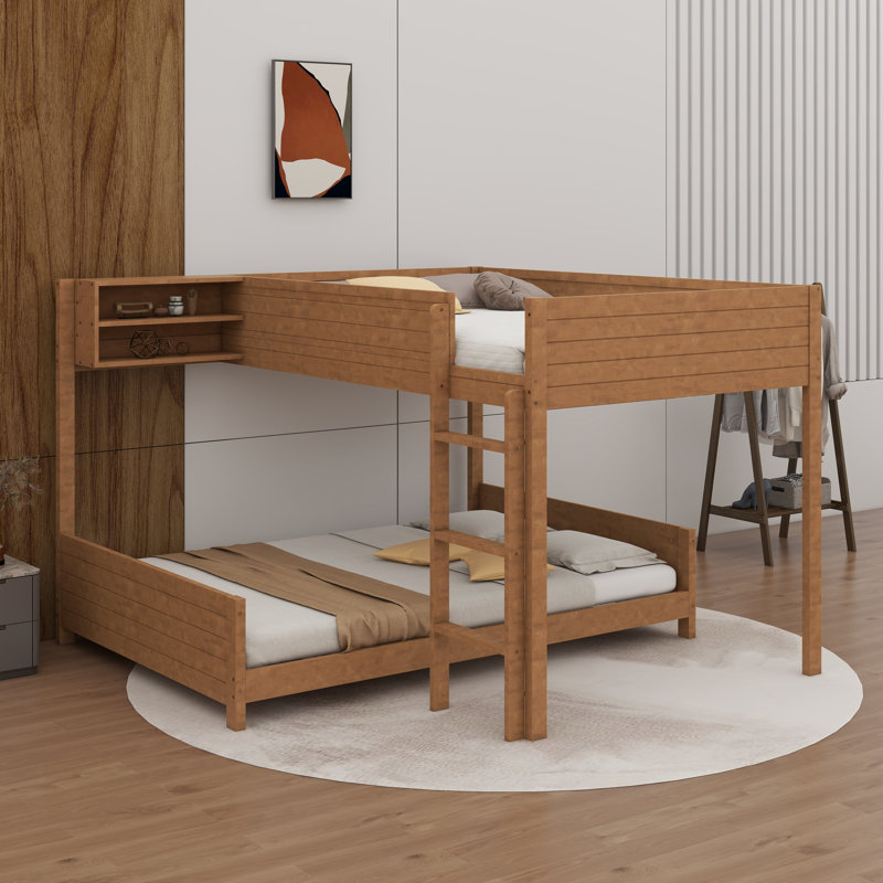 Wooden Bunk Bed With Built-In Storage Shelf & Ladder, With Slat Support, No Box Spring Needed, Walnut
