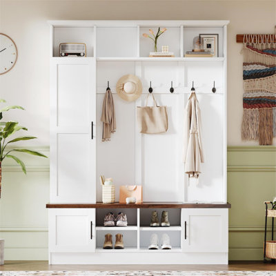 Portemanteau polyvalent avec 6 crochets, banc de rangement en noyer de ferme avec tablettes réglables, portemanteau d'entrée de 55 po avec plusieurs espaces de rangement pour vestibule, couloir, noir (NOUVEAU SKU: N721S000055B-1)