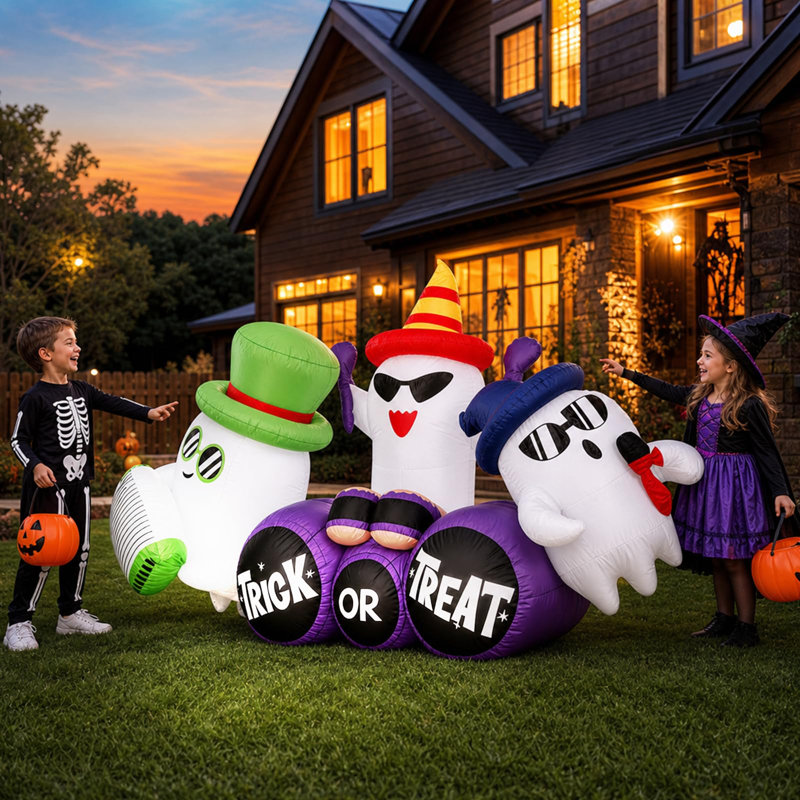240cm Inflatable Halloween Specter Trio with LED Lights – Outdoor Yard Decoration for Garden, Lawn & Porch | Includes Air Pump & Trick-or-Treat Base