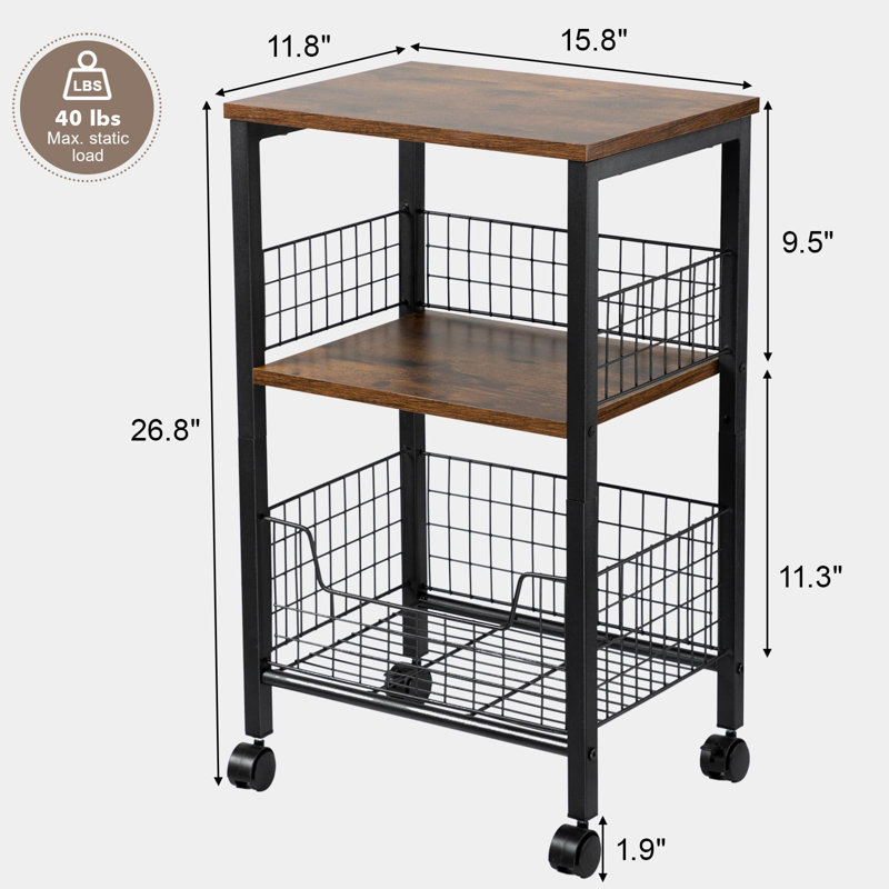 Rustic Brown 3-Tier Side Table with Metal Frame and Storage Basket