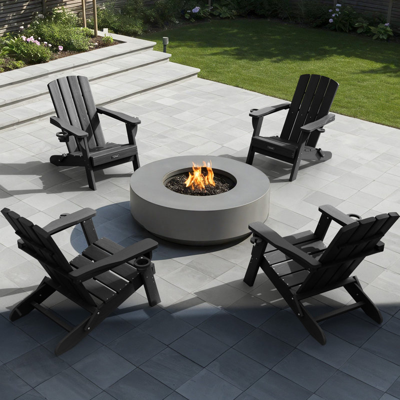 Set of 4 HDPE Outdoor Adirondack Chair Wood Texture Folding Firepit Chair  With  Cup Holder, Black