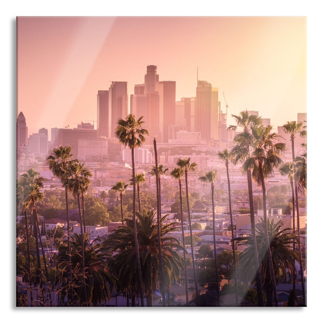 Glasbild Quadratisch Palmen vor Skyline von Los Angeles