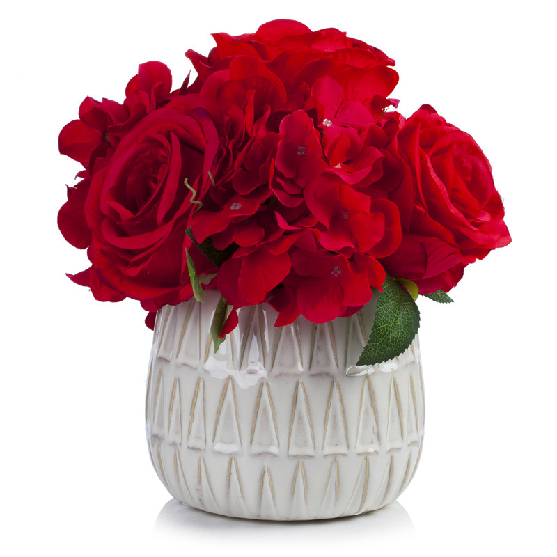 Centre de table hortensia artificiel mixte en pot, Rouge