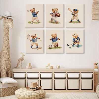 Pépinière, ours, art mural, rétro, chambre de garçon, toile, décoration, ours en peluche, images de crèche de garçon, reproduction d'art pour enfants, affiche pour tout-petit, salle de jeux de 8 x 10 pouces, prête à être suspendue, 6 pièces