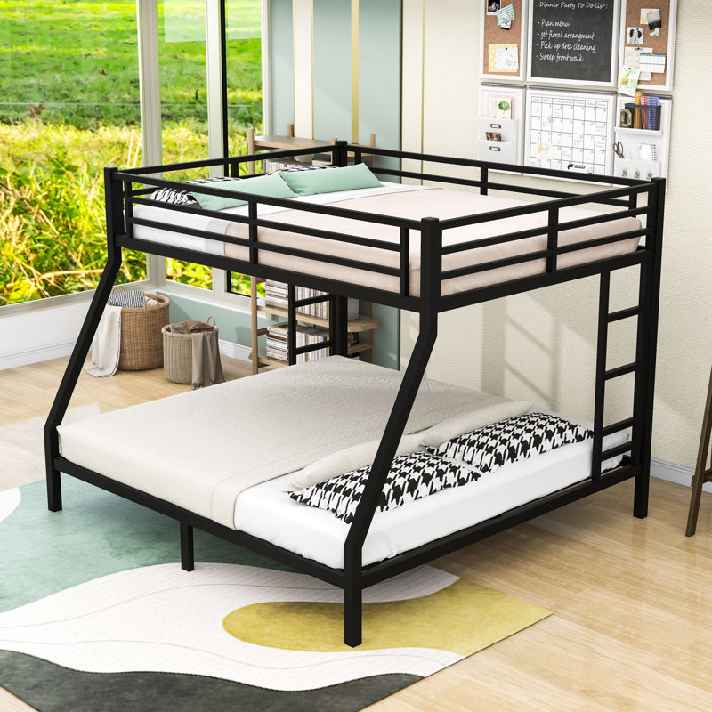  Metal Bunk Bed with Guardrails, Queen Over King, Black