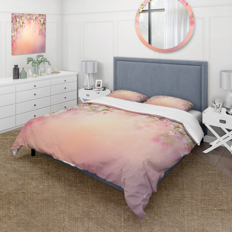 Blossoming Spring Cherry Blossoms - Traditional Duvet Cover Set - Microfiber Polyester, King Duvet Cover + 2 King Shams