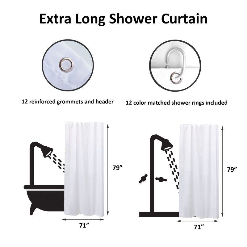 Solid Colors Extra Long Shower Curtain Polyester with Matching Hooks, White