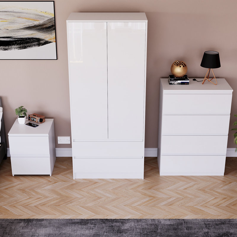Oslo 3 Piece Bedroom Set (2 Drawer Bedside Chest, 4 Drawer Chest, 2 Door 2 Drawer Wardrobe), (100% FSC), White