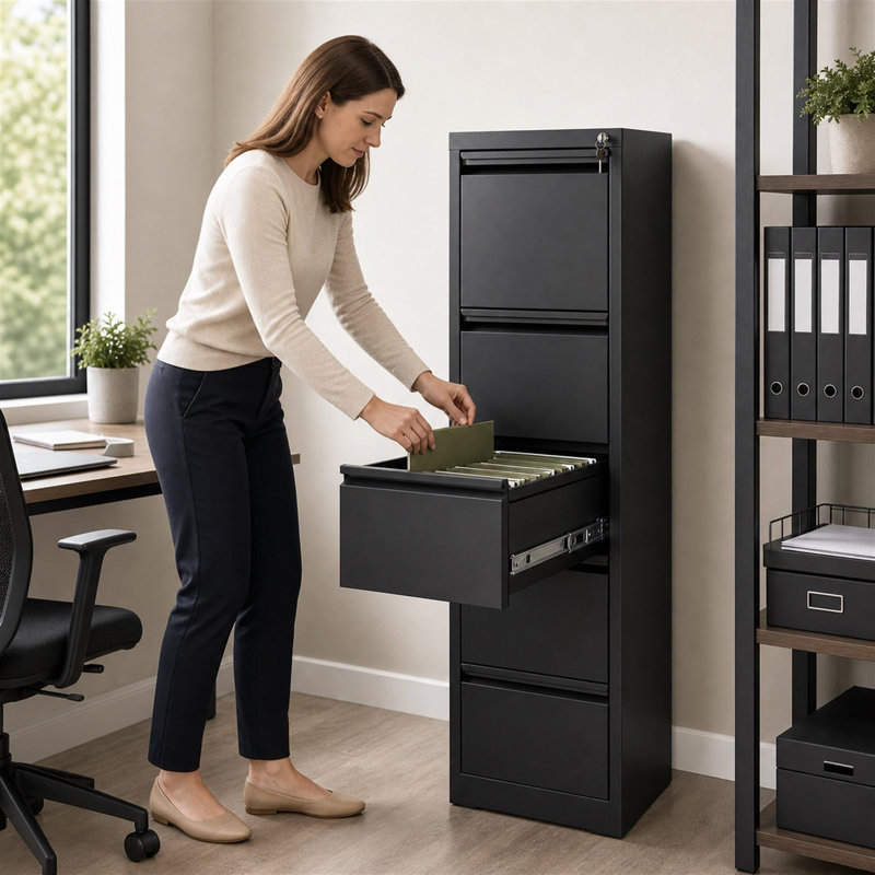 Classeur à 4 tiroirs avec serrure, rangement en acier laminé à froid pour bureau à domicile | Finition noire, 2 clés incluses, hauteur de 52,4 pouces