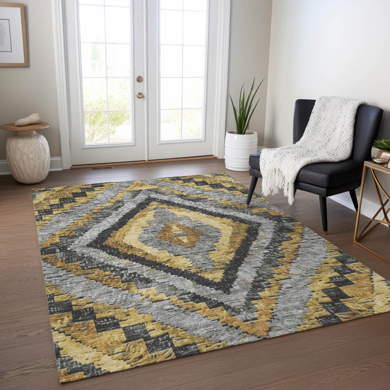 Machine Washable Indoor/Outdoor Xhevrie Gold Rug, Rectangle 10' x 14'