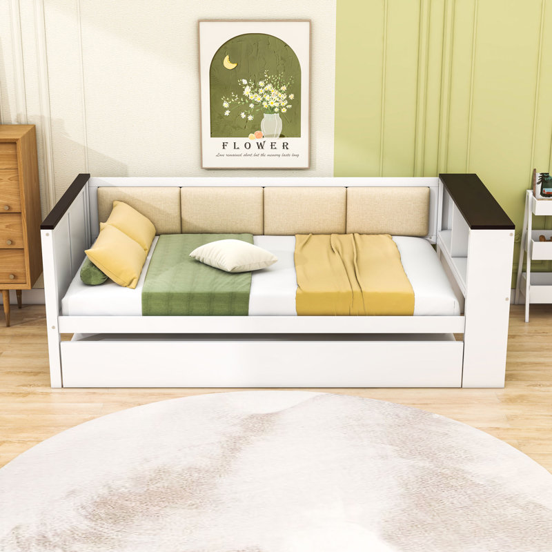 Daybed with Storage Shelves, Upholstered Backrest, USB Charging Port and Trundle Bed, Twin