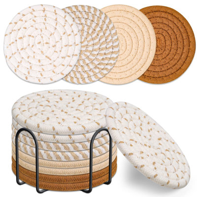 Cotton Round 8 Piece Coaster Set With Holder