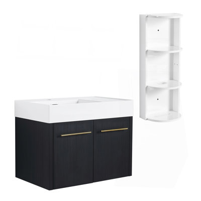 Meuble-lavabo mural de 30 po avec lavabo et support de rangement, lavabo gauche en résine à bords épais, ensemble KD