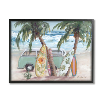 Summer Waves Tropical Van Surfboards Black Framed Giclee Art by Pam Britton