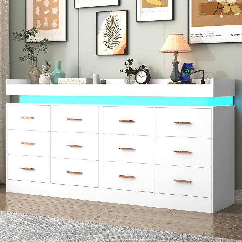 12 Drawer 70" W Dresser With Charging Station And LED Lights, White