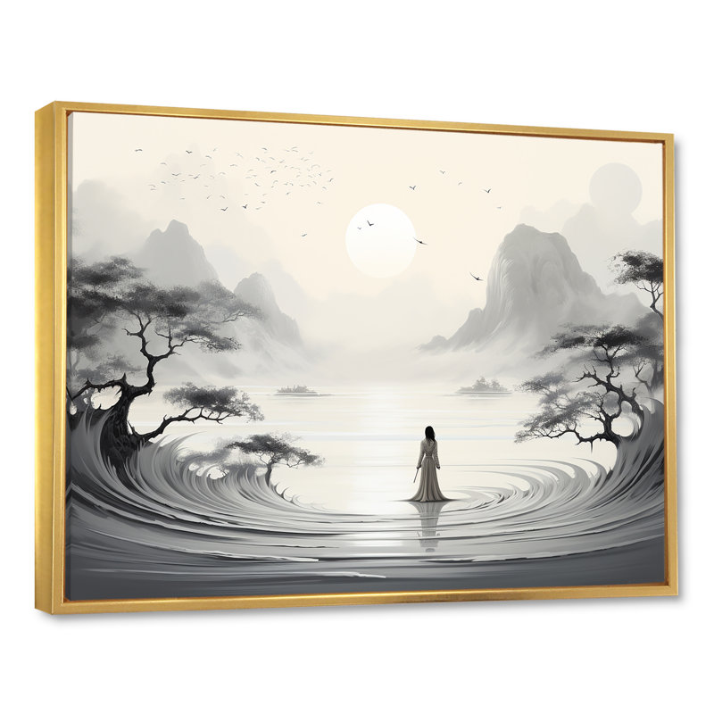 Jardin zen sur toile, H 30 po x l 40 po x P 1,5 po, Cadre flottant doré