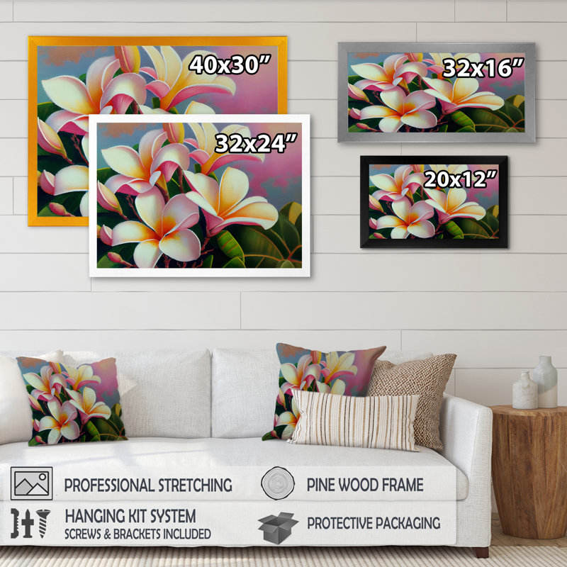 «White and Yellow Blossoming Plumeria II», reproduction sur toile, Impression noire sur toile encadrée