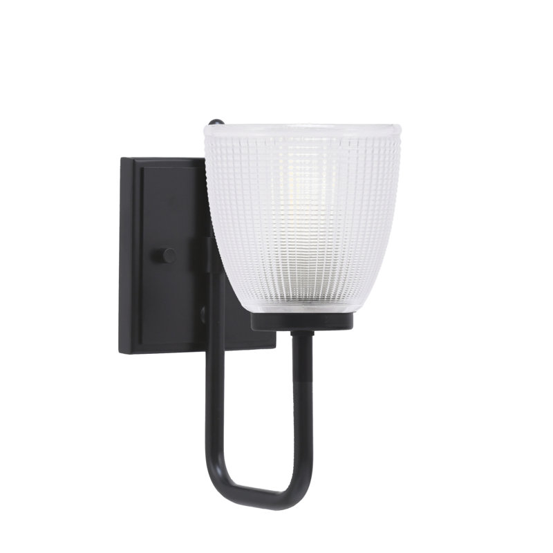 Amarmula 1 Light Wall Sconce, Matte Black Finish, 5" Clear Ribbed Glass, Black