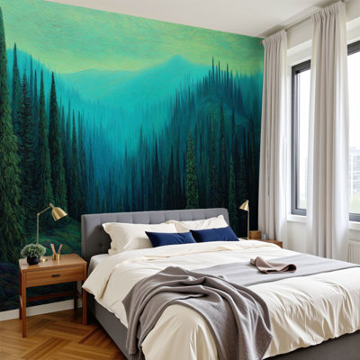 Papier peint à peler et coller Enchanting Misty Pines Twilight Shadows Soft Focus Peaks, peintures murales H 100 po x l 144 po, amovible, papier peint à thème nature, décoration murale pour salon, chambre à coucher, esthétique