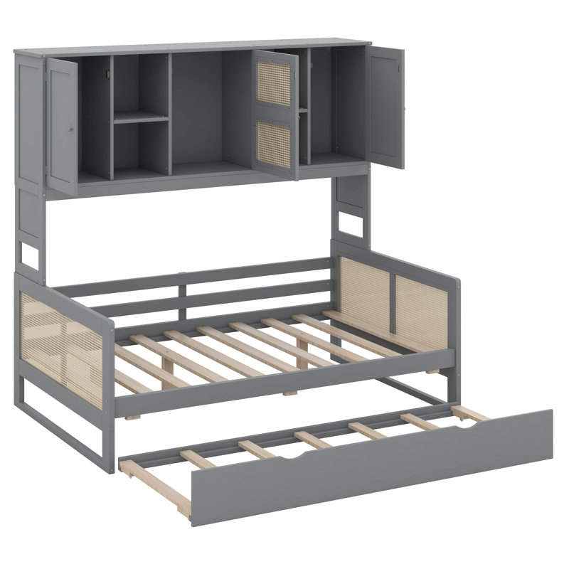 Lit de jour double avec lit gigogne simple, structure de lit de jour en bois massif avec armoire et tablette tout-en-un pour enfants, adolescents, adultes