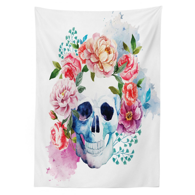 Skull Tablecloth, Funny Skull With Colorful Floral Head Victorian Style Dead Skeleton Graphic Art Print, Rectangular Table Cover For Dining Room Kitchen Decor, 52" X 70", Multicolor