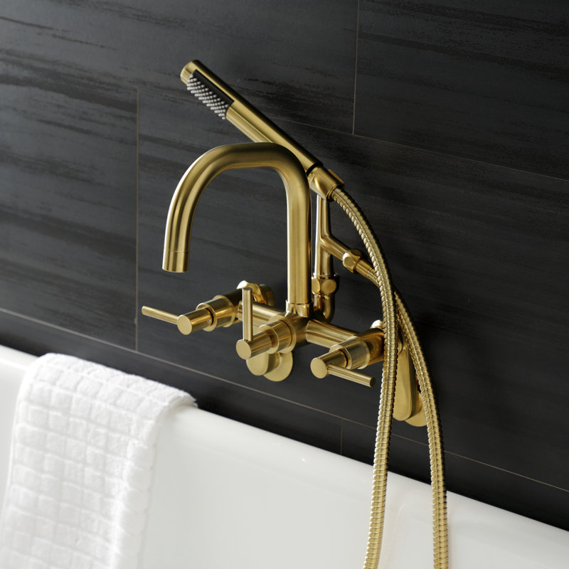 Brushed Brass Wall Mount Clawfoot Tub Faucet with Handheld Shower