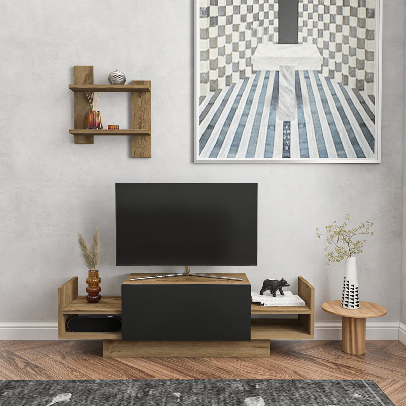 Spring TV Stand for TVs up to 43" with Wallshelf, Oak/Black