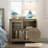 End Table For Living Room Or Bedroom With 2 Glass Doors, Farmhouse Style Wooden Closet Storage Organizer, Wash Gray