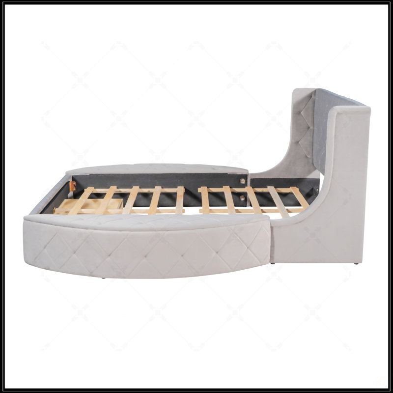 Lit plateforme tapissier grand avec rangement en velours avec tête de lit à oreilles et 1 grand tiroir, Gris