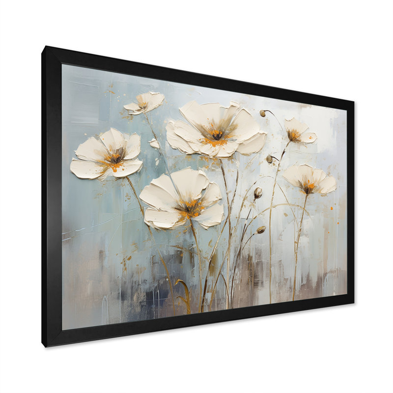 Élégant beige et gris Buttercups Meadow - Buttercups Wall Art Living Room, Cadre simple noir, H 16 po x l 32 po x P 1 po