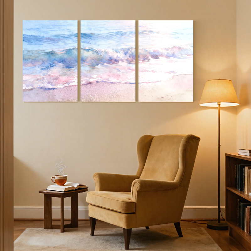 Plage, vagues de l'océan, coucher de soleil, ensemble de 3 reproductions d'art sur toile, H 24 po x l 48 po