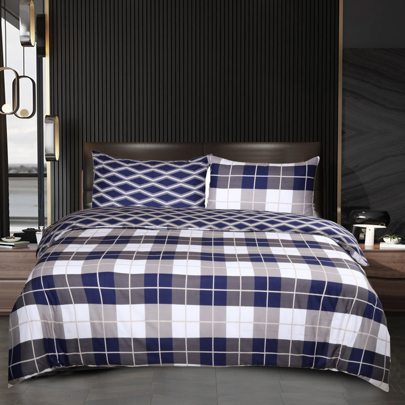 Microfiber Flora Reversible Duvet Cover with Pillowcases, Navy Check Checkered, Single Duvet Cover + 1 Standard Pillowcase
